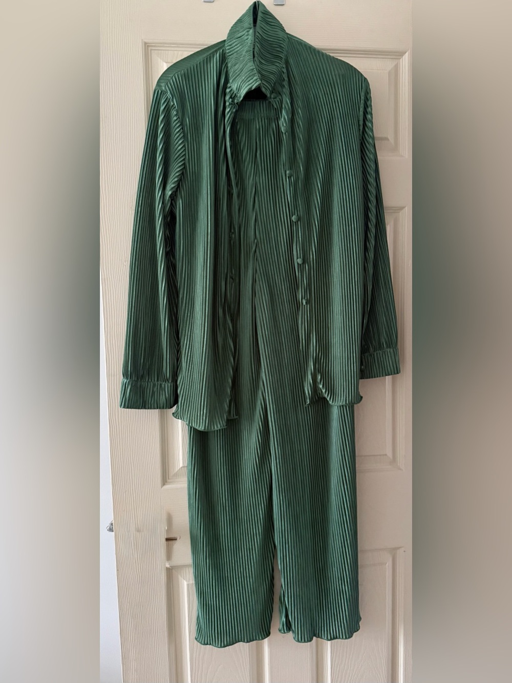 Pleated Green Button-Up Top and Pants Set